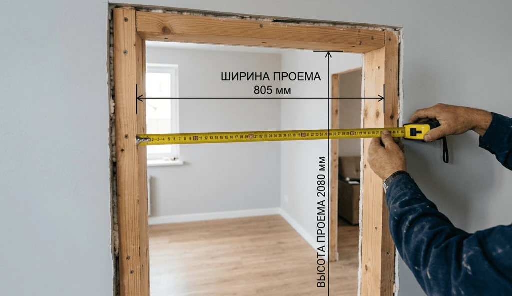 Дверной проём с рулеткой и разметкой размеров